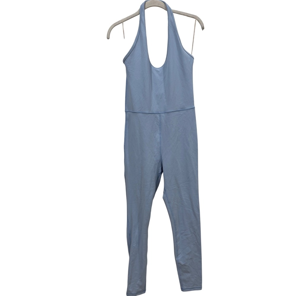 Wilfred Free Aritzia Halter Neck Jumpsuit Light Blue Scoop Back Size M Leggings